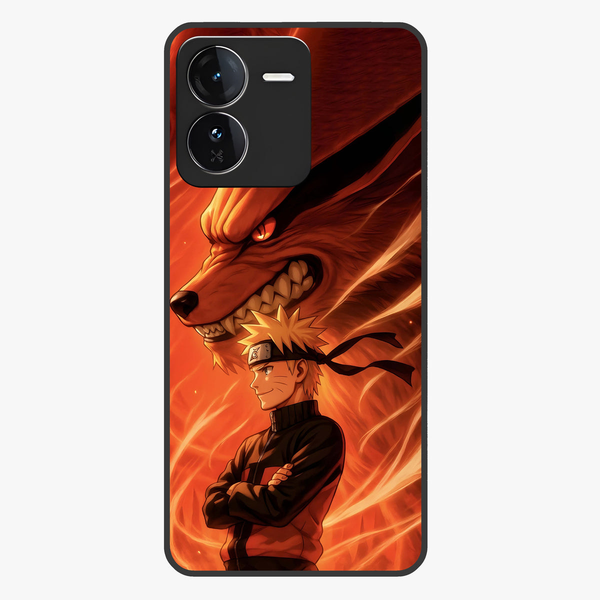 Nine Tails Legacy Glass Case showing flat back view with powerful nine-tailed fox inspired artwork and glossy glass finish.