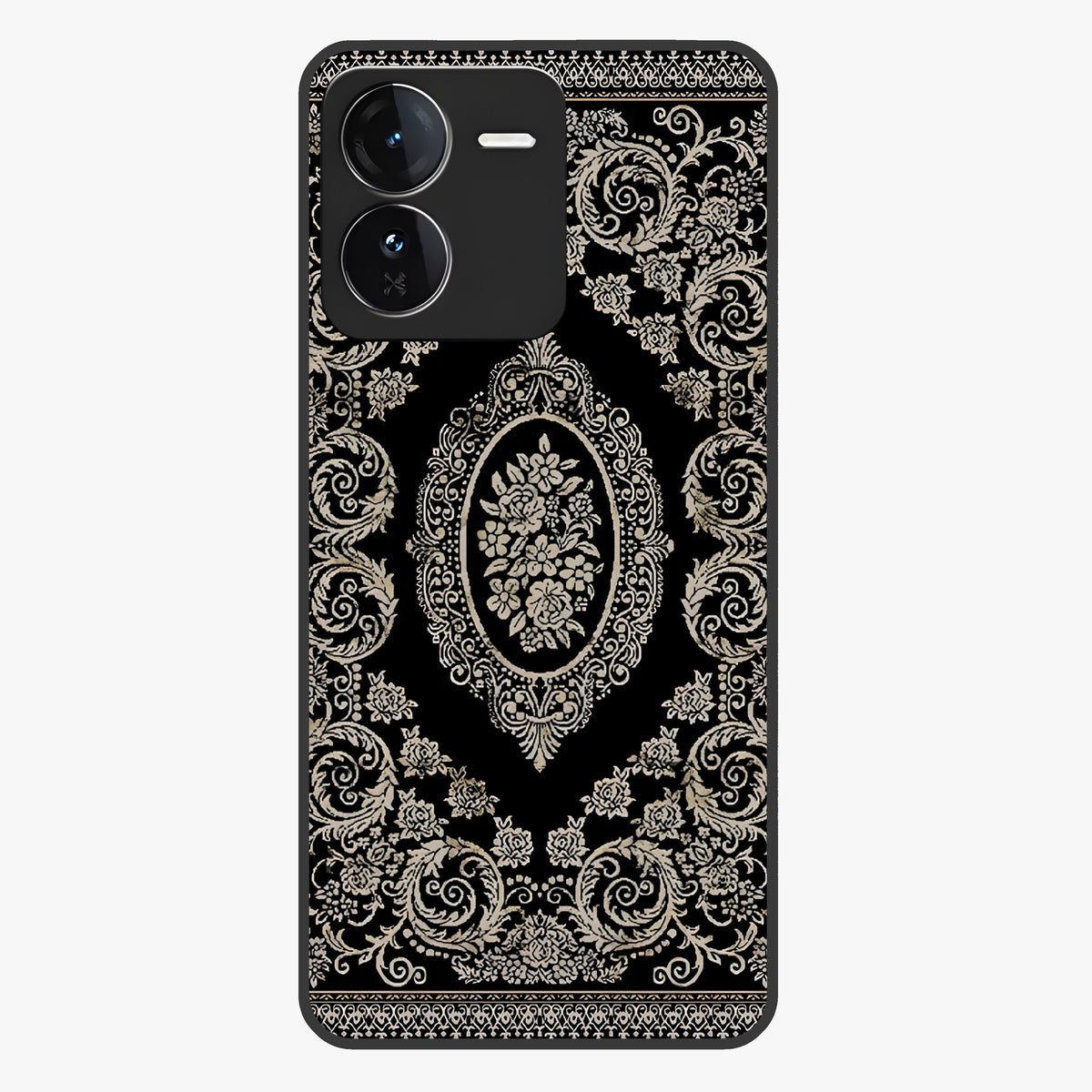 Noir Bloom Elegance Glass Case showing flat back view with elegant dark floral artwork and glossy glass finish.
