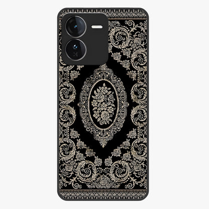 Noir Bloom Elegance Glass Case showing flat back view with elegant dark floral artwork and glossy glass finish.