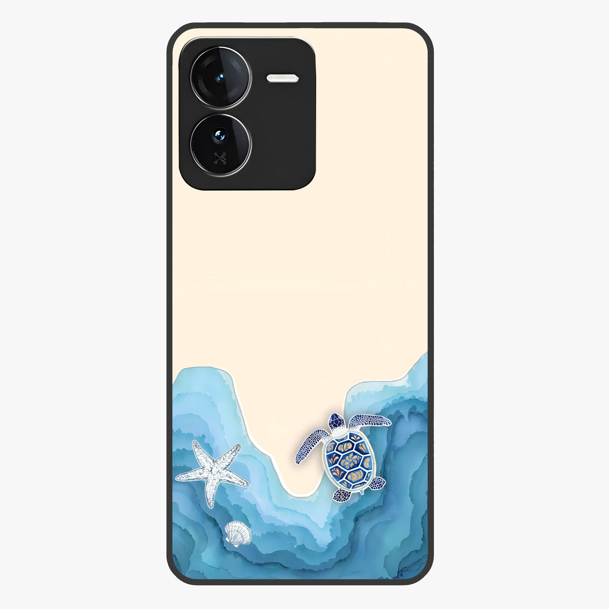 Ocean Drift Turtle Glass Case showing flat back view with sea turtle artwork and glossy glass finish.