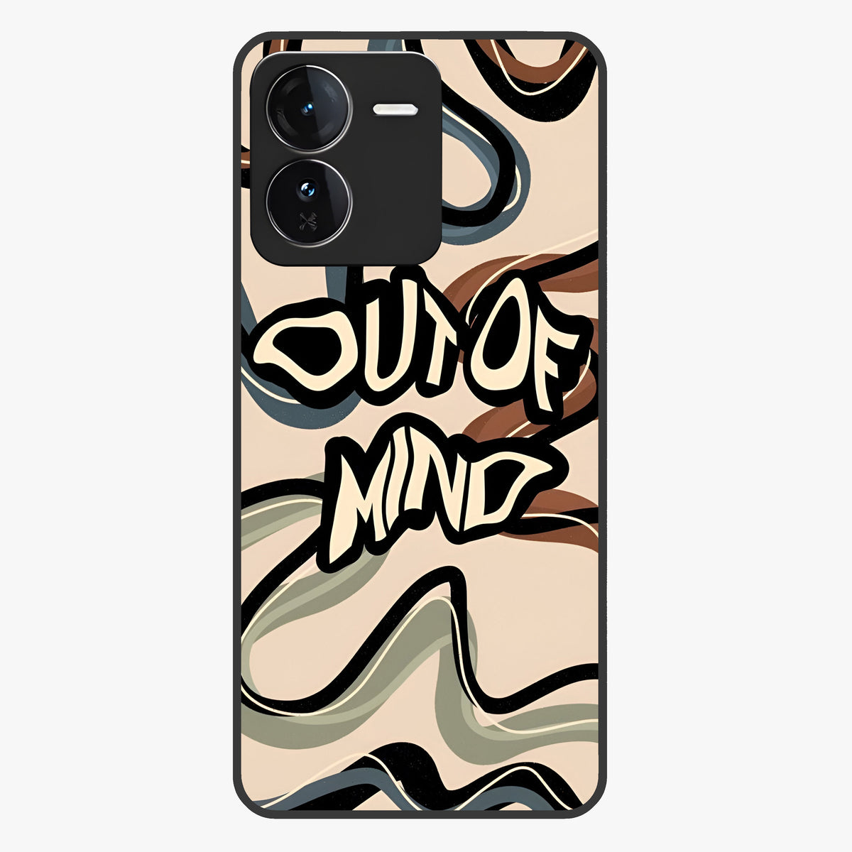 Out Of Mind Glass Case showing flat back view with expressive typography artwork and glossy glass finish.