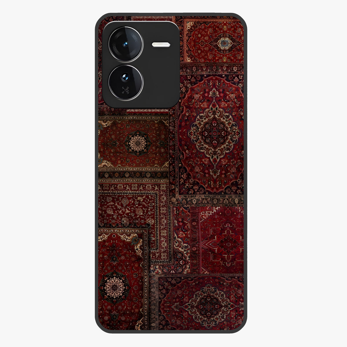 Persian Velvet Tale Glass Case showing flat back view with luxurious Persian velvet pattern artwork and glossy glass finish.