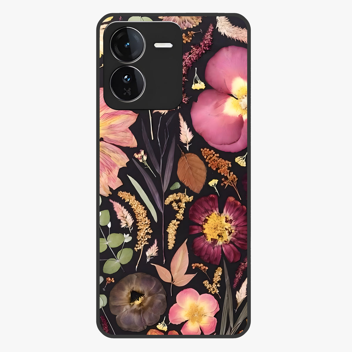 Petal Dream Tapestry Glass Case showing flat back view with intricate floral tapestry artwork and glossy glass finish.