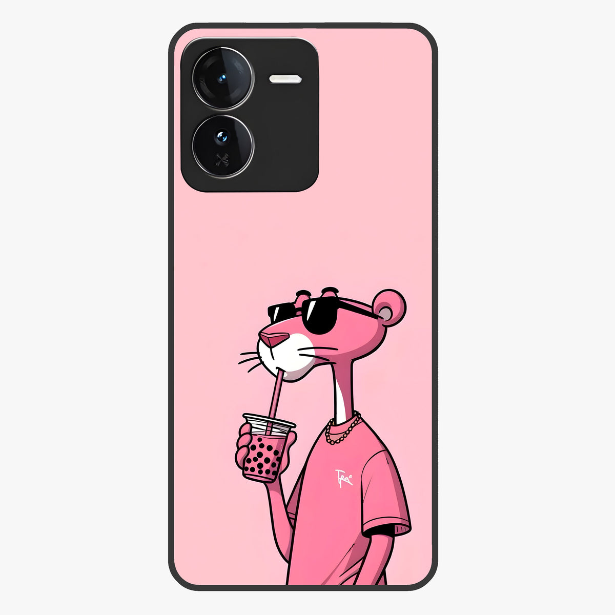 Pink Panther Glass Case showing flat back view with iconic pink panther artwork and glossy glass finish.
