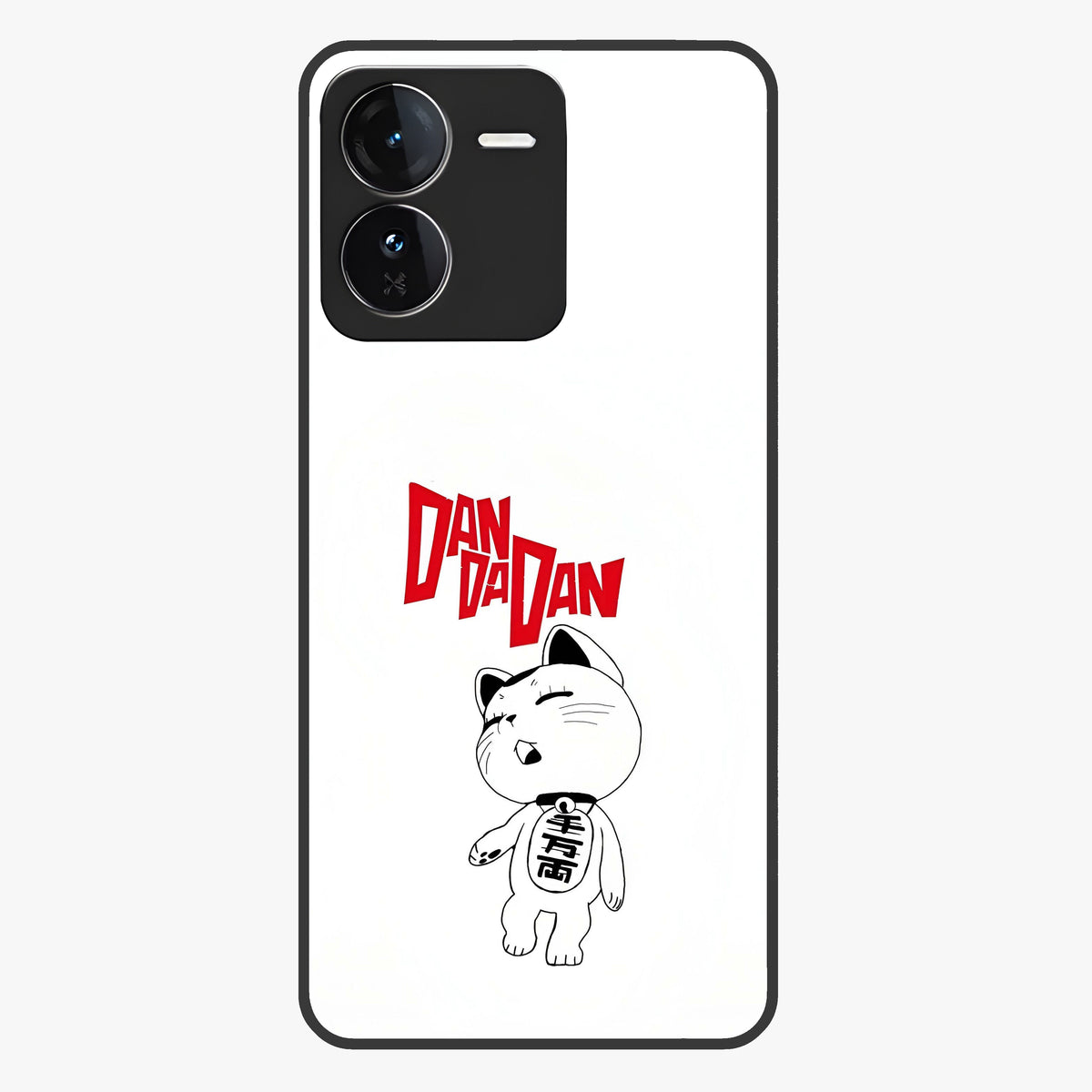 Playful Spirit Charm Glass Case showing flat back view with cheerful charm themed artwork and glossy glass finish.