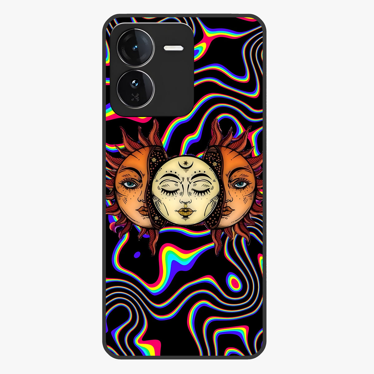 Psychedelic Sun Glass Case showing flat back view with colorful psychedelic sun artwork and glossy glass finish.