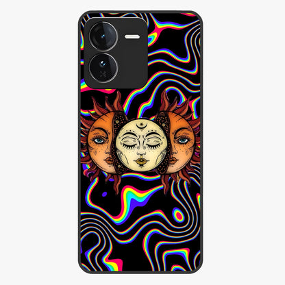 Psychedelic Sun Glass Case showing flat back view with colorful psychedelic sun artwork and glossy glass finish.