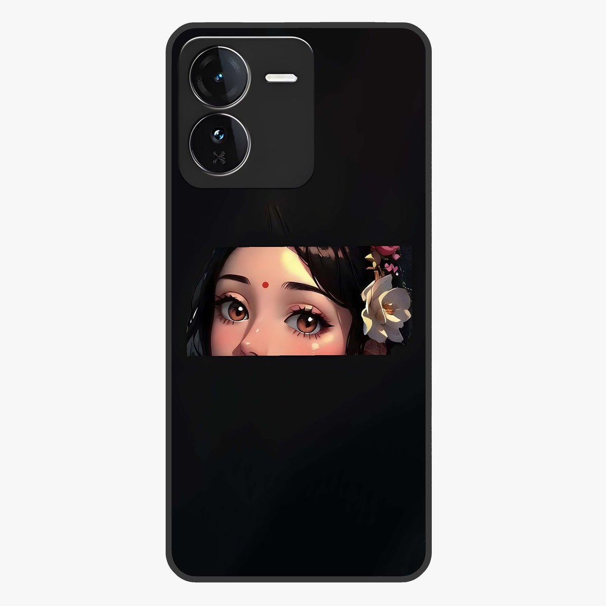 Radha Divine Embrace Glass Case showing flat back view with devotional Radha artwork and glossy glass finish.