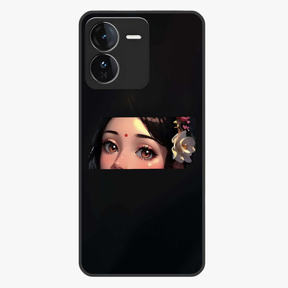 Radha Divine Embrace Glass Case showing flat back view with devotional Radha artwork and glossy glass finish.