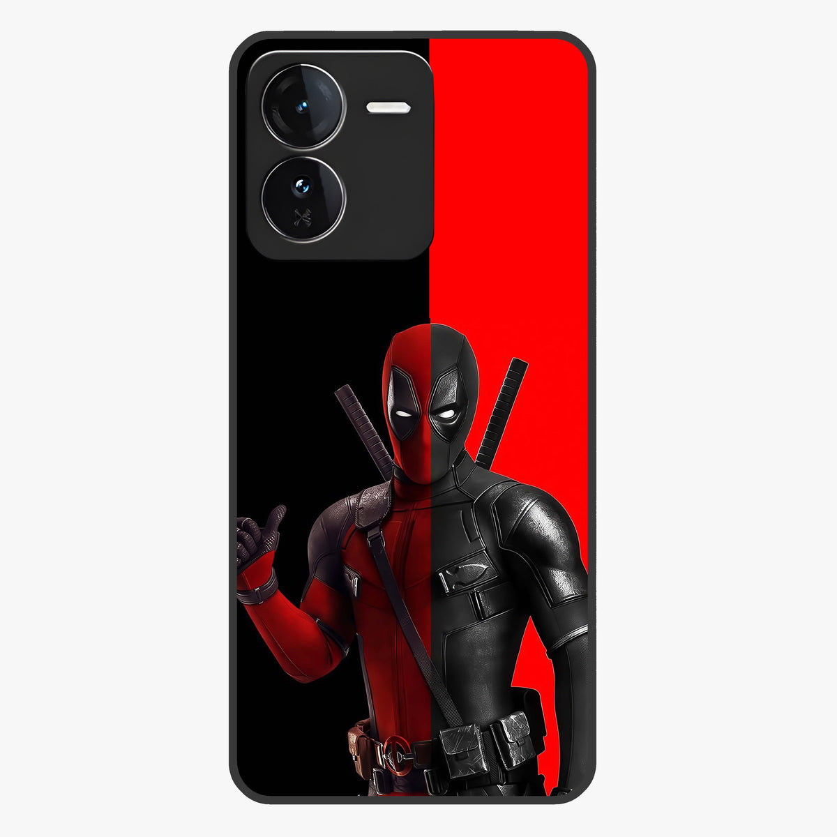 Red & Black Deadpool Theme Glass Case showing flat back view with bold comic inspired artwork and glossy glass finish.
