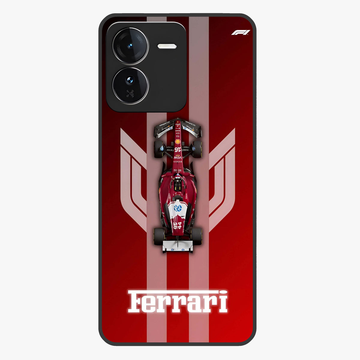 Red Ferrari F1 Vertical Glass Case showing flat back view with sleek Formula racing car artwork and glossy glass finish.