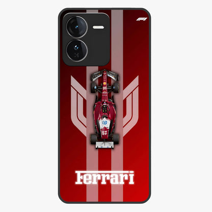 Red Ferrari F1 Vertical Glass Case showing flat back view with sleek Formula racing car artwork and glossy glass finish.