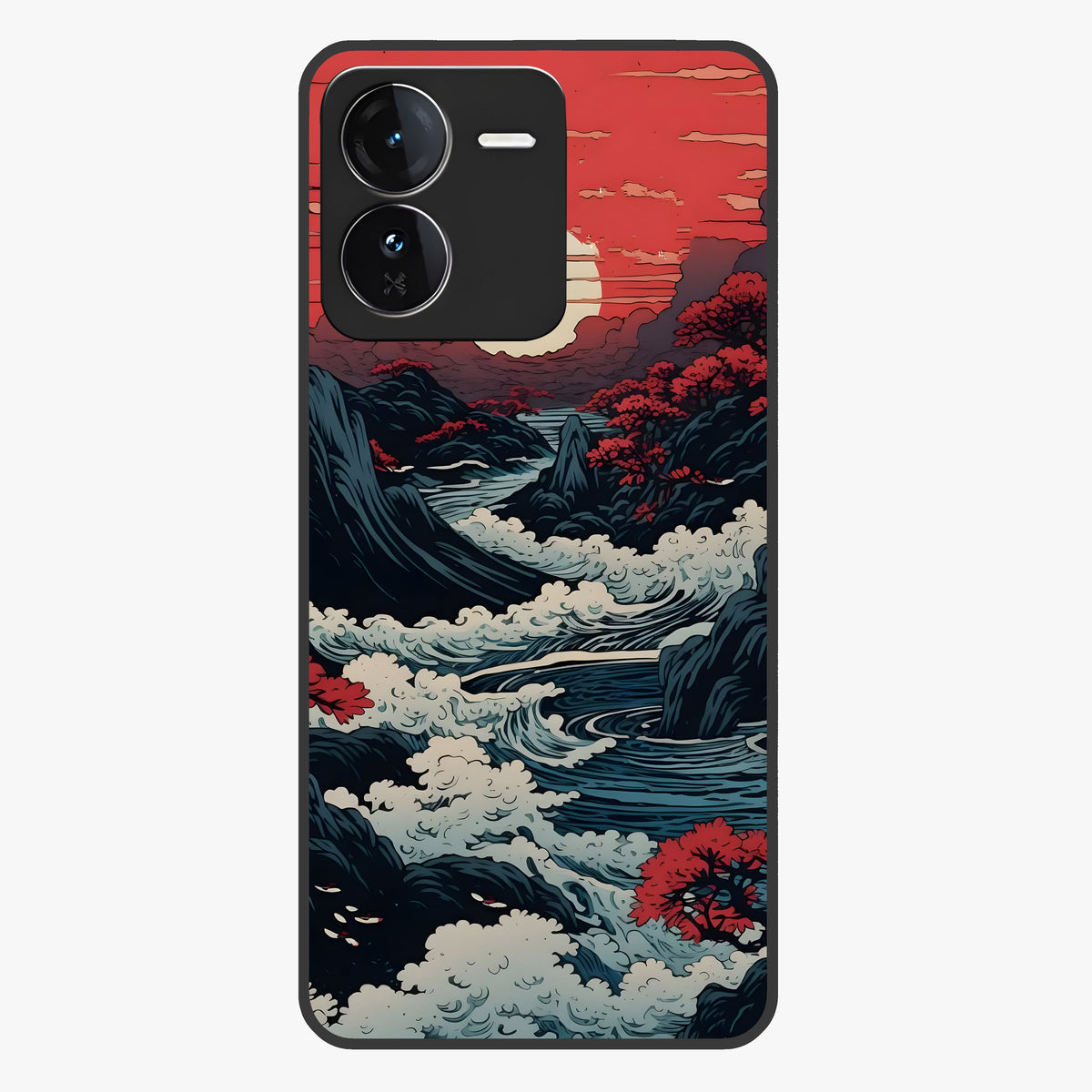 Red Sunset Scenery Glass Case showing flat back view with vibrant sunset landscape artwork and glossy glass finish.