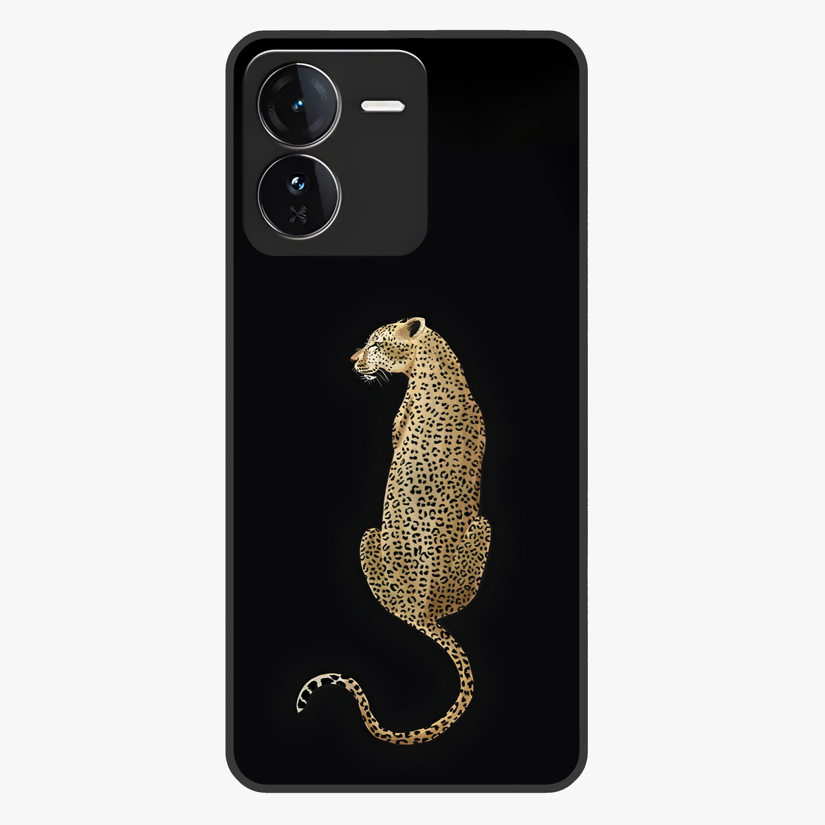 Regal Leopard Glass Case showing flat back view with bold leopard artwork and glossy glass finish.