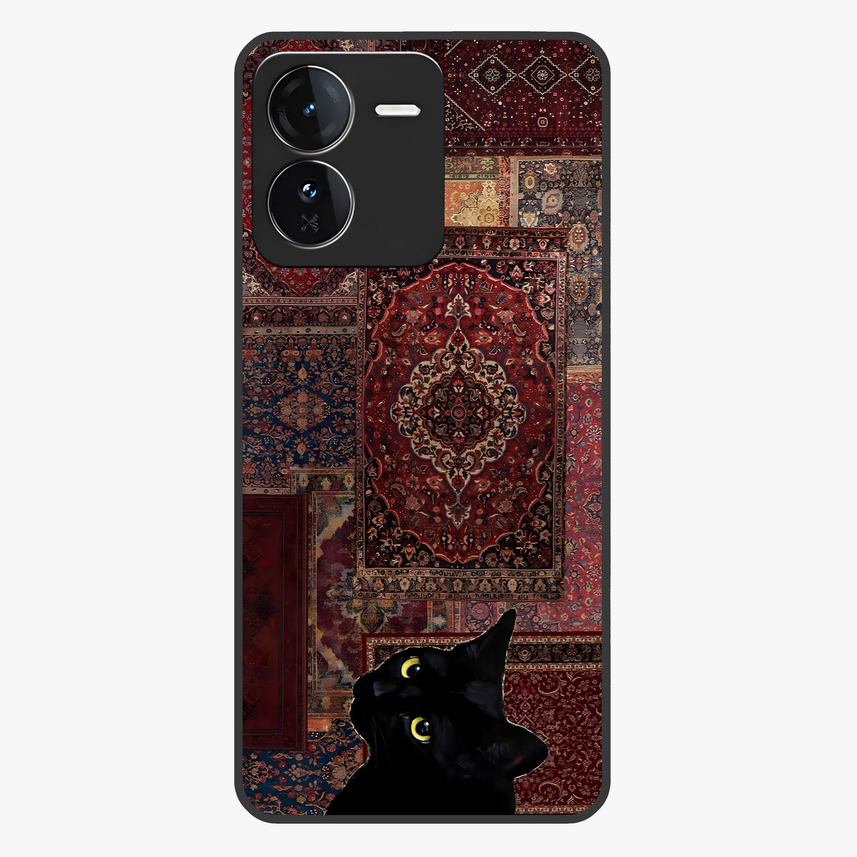 Regal Magic Cat Apple Glass Case showing flat back view with magical cat artwork holding apple and glossy glass finish.
