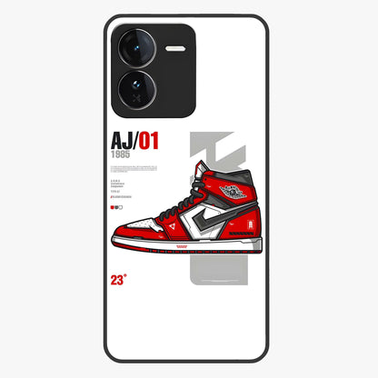 Retro Sneaker Blueprint Glass Case showing flat back view with sneaker blueprint style artwork and glossy glass finish.