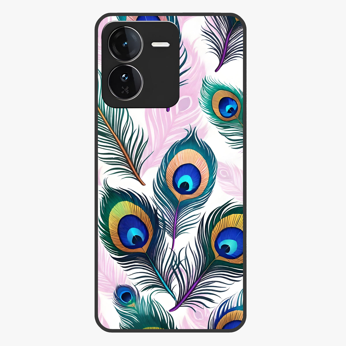 Royal Peacock Feathers Glass Case showing flat back view with colorful peacock feather artwork and glossy glass finish.