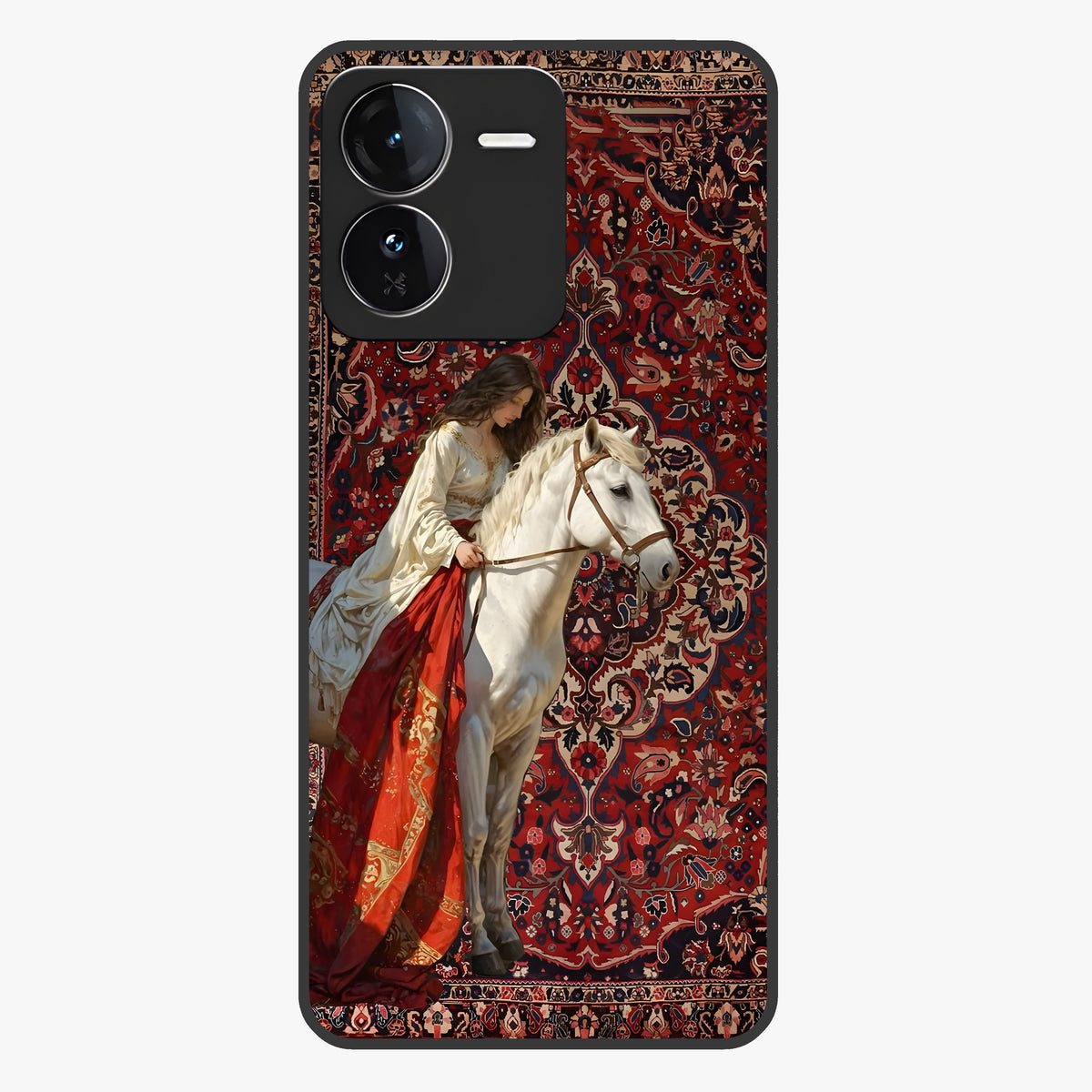 Royal Rider Tapestry Glass Case showing flat back view with majestic horse rider tapestry artwork and glossy glass finish.