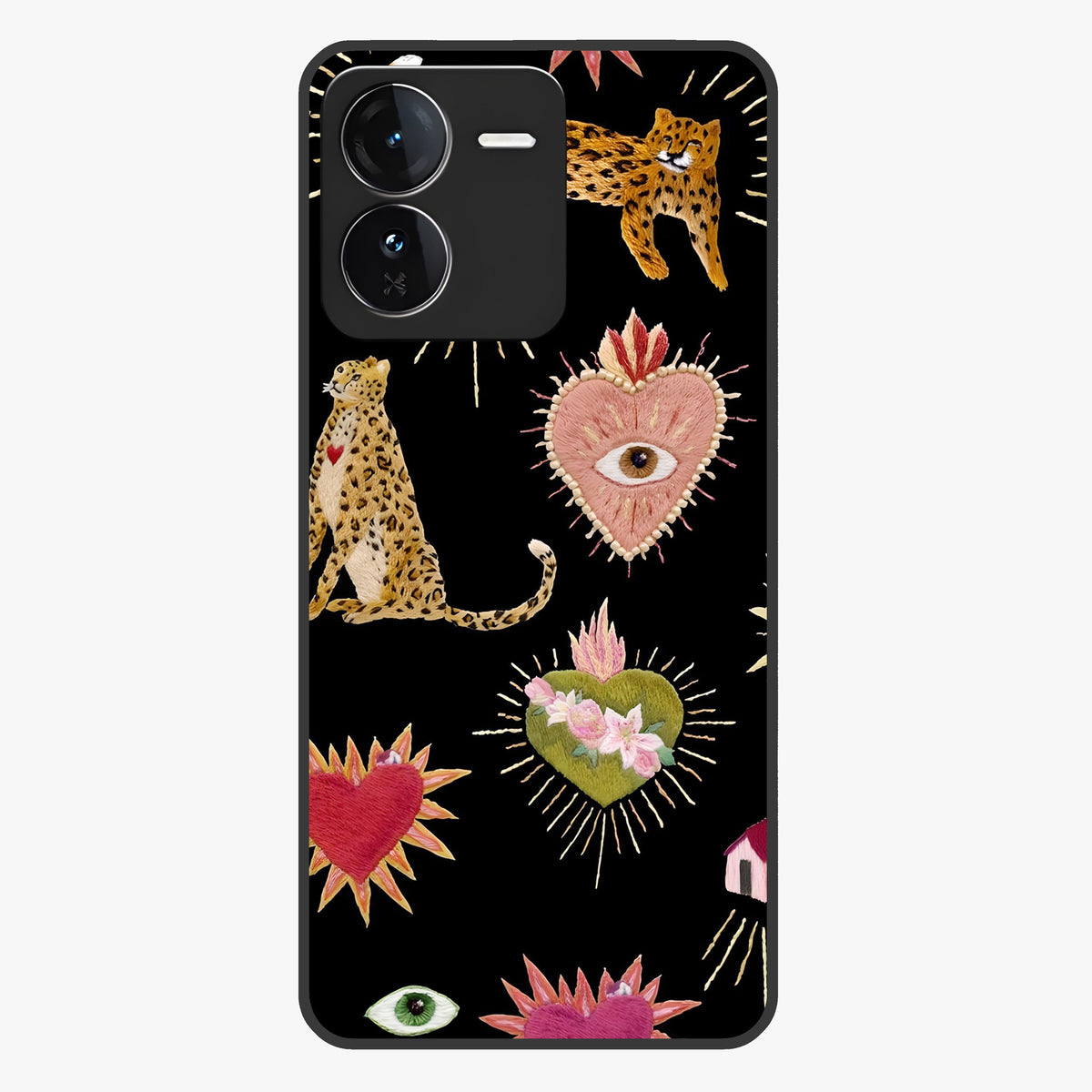 Sacred Jungle Heart Glass Case showing flat back view with jungle inspired heart artwork and glossy glass finish.