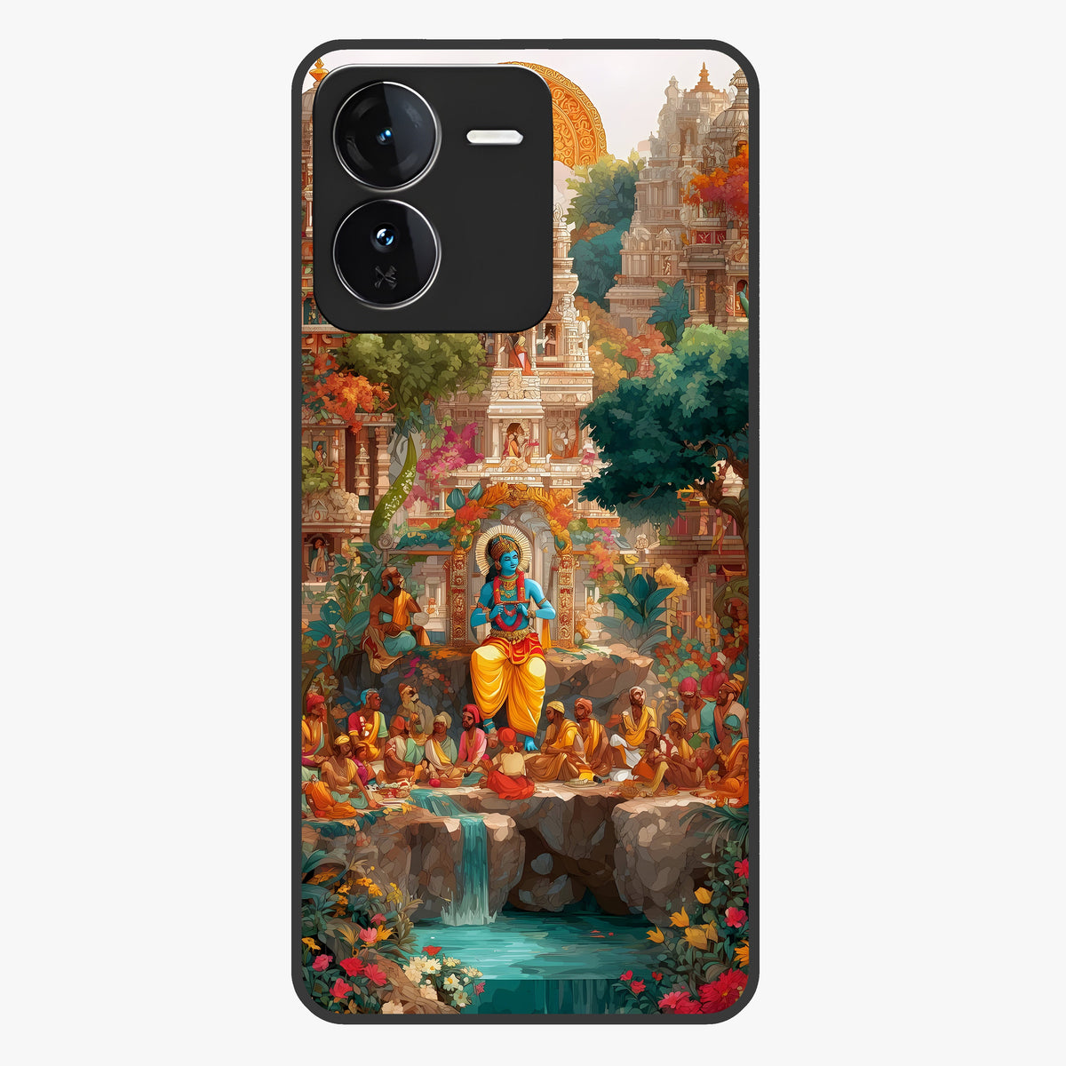 Sacred Sunlight Gods Glass Case showing flat back view with divine sunlight themed artwork and glossy glass finish.
