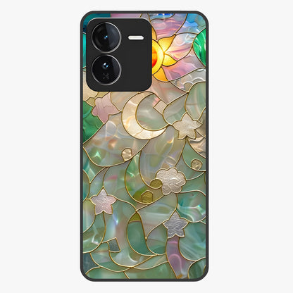 Stained Sunrise Glow Glass Case showing flat back view with glowing sunrise stained pattern artwork and glossy glass finish.