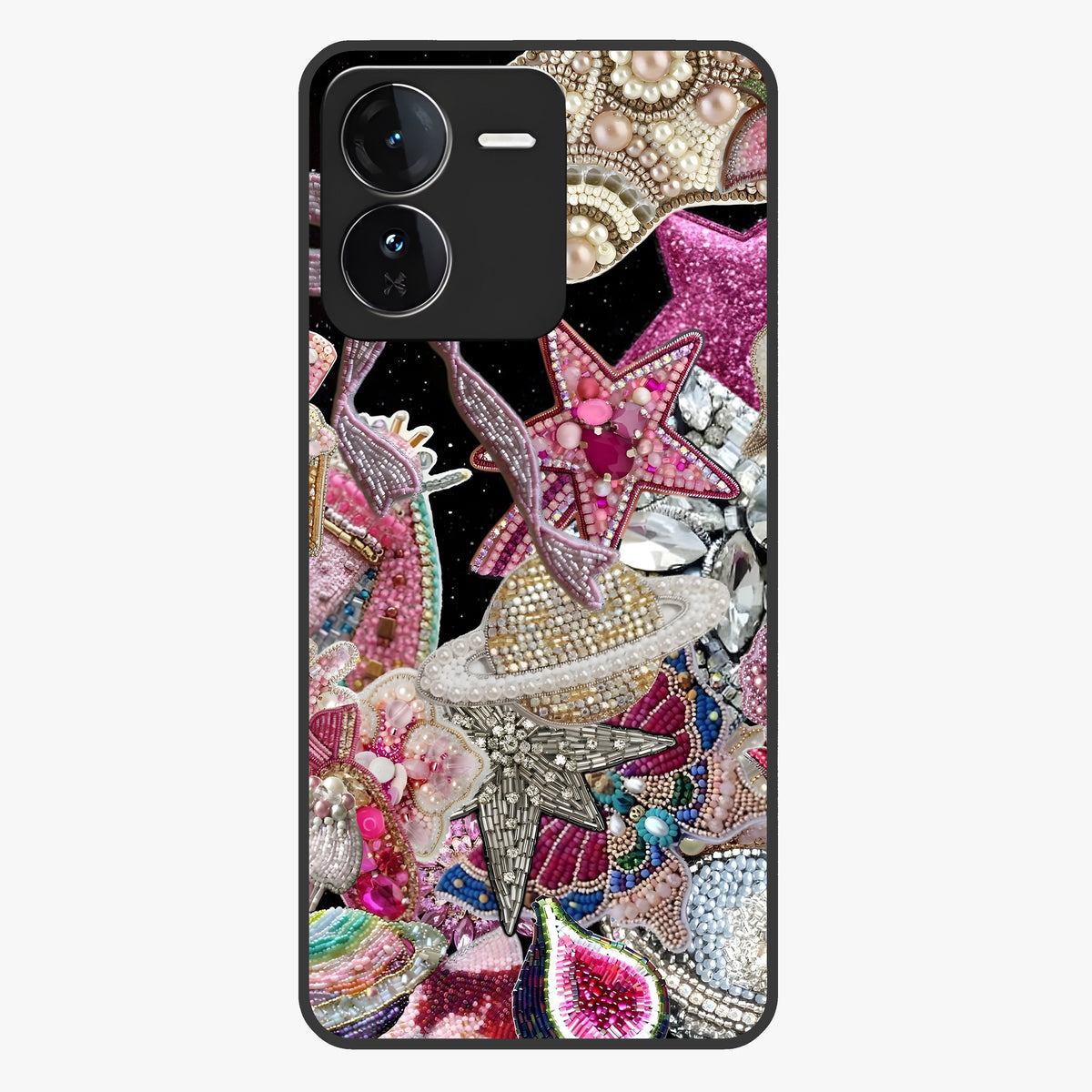 Starlit Jewel Dream Glass Case showing flat back view with sparkling jewel and star themed artwork and glossy glass finish.