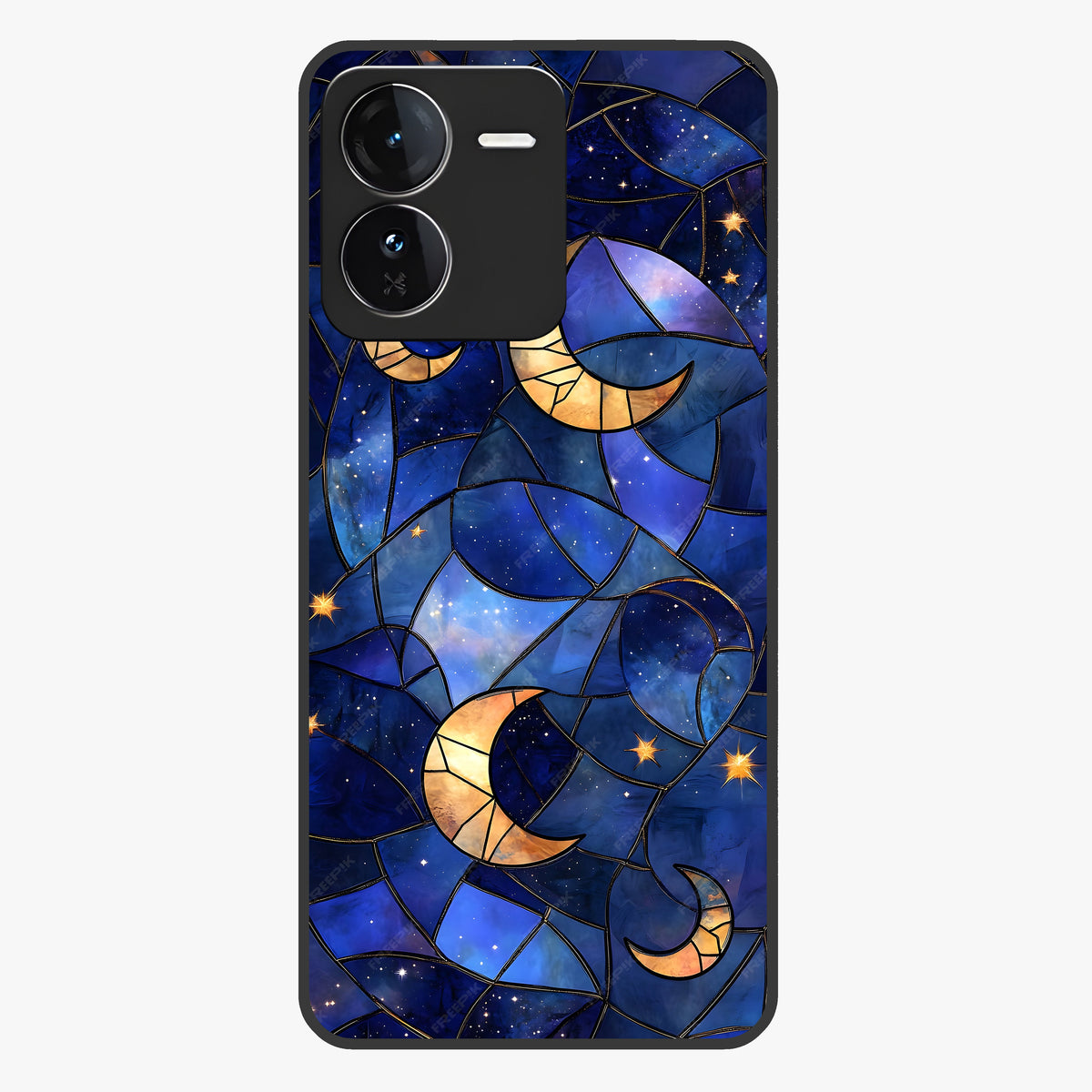 Starlit Sky Tapestry Glass Case showing flat back view with decorative starry sky tapestry artwork and glossy glass finish.