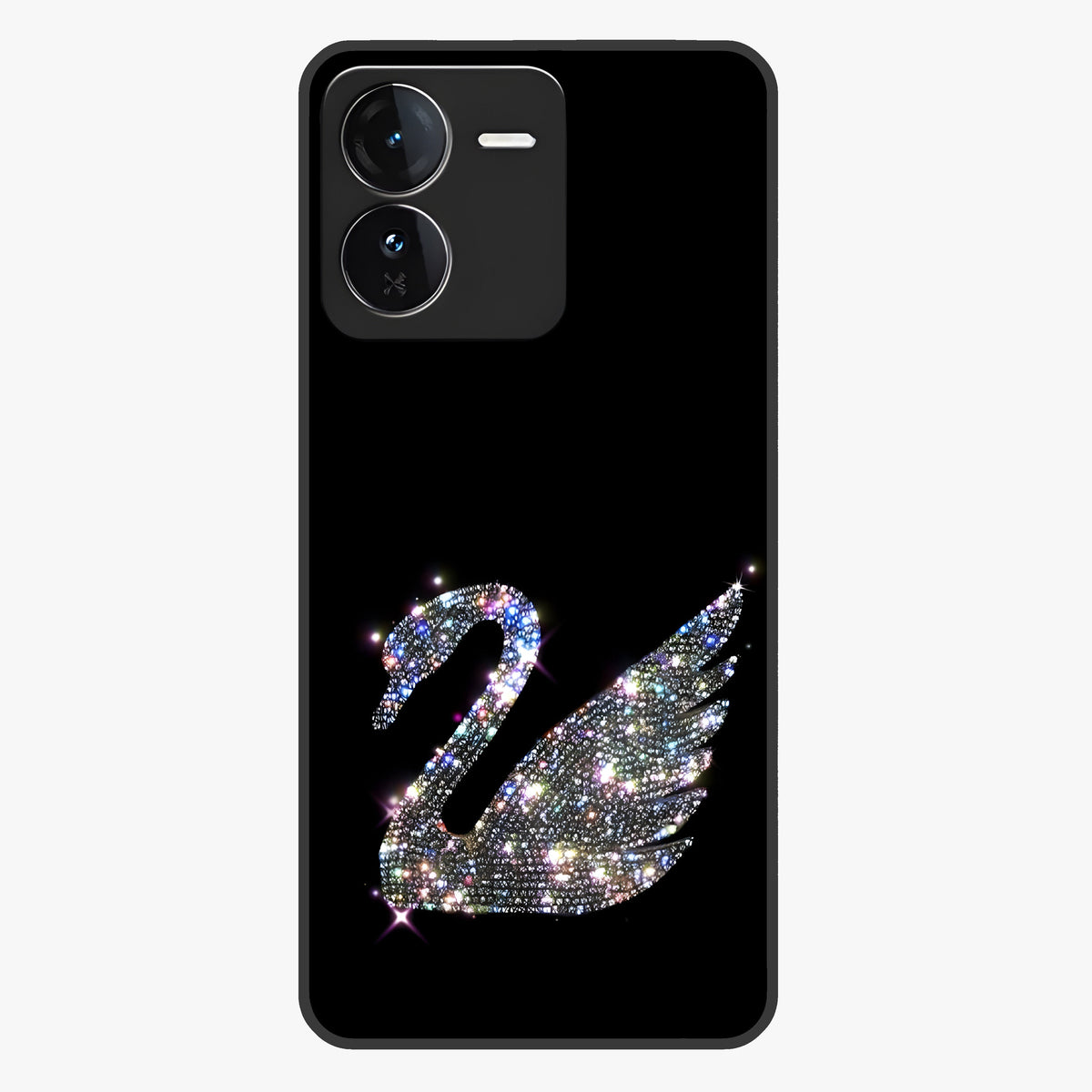 Starlit Swan Grace Glass Case showing flat back view with graceful swan artwork under starry sky and glossy glass finish.