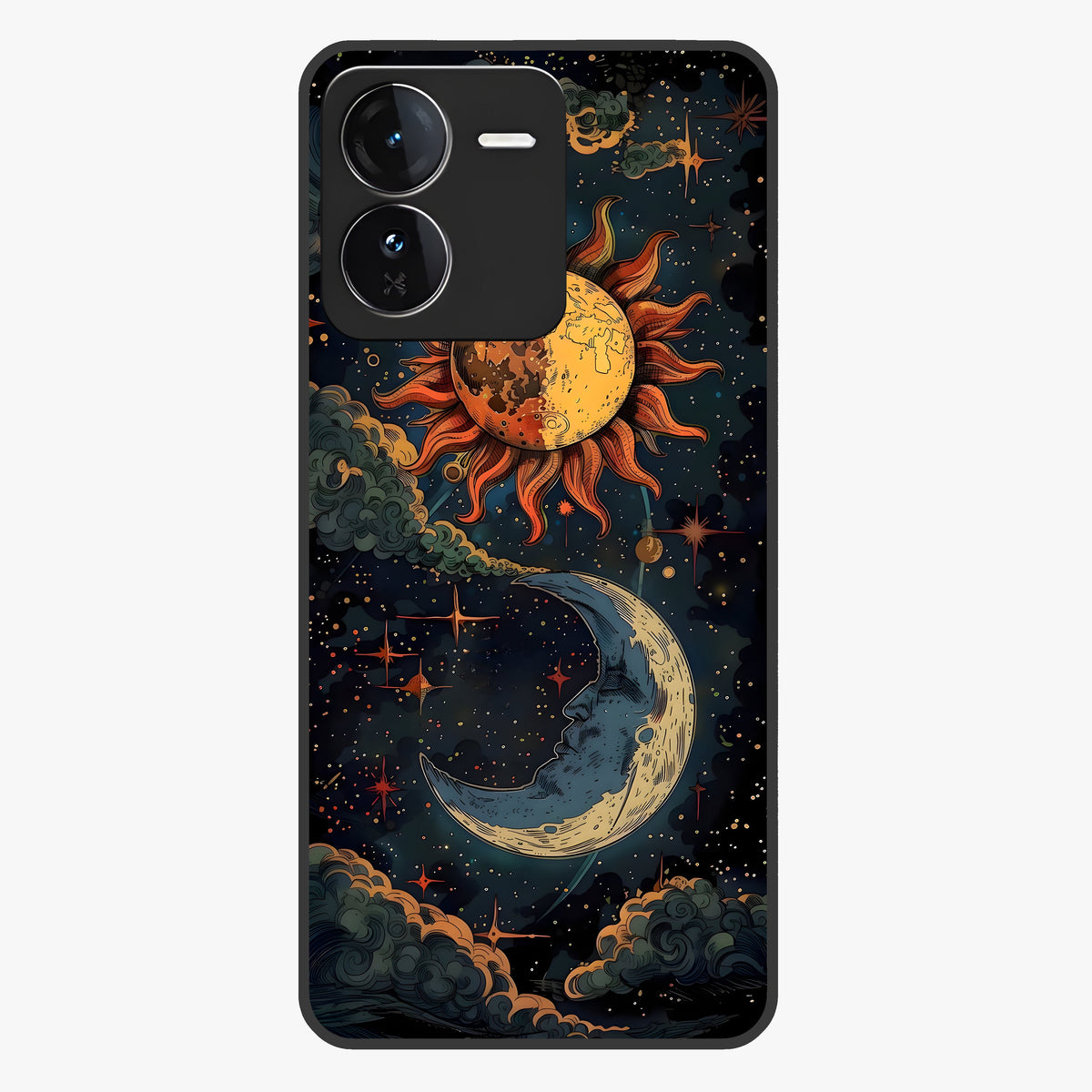 Sun And Moon Magic Design Glass Case showing flat back view with mystical sun and moon artwork and glossy glass finish.