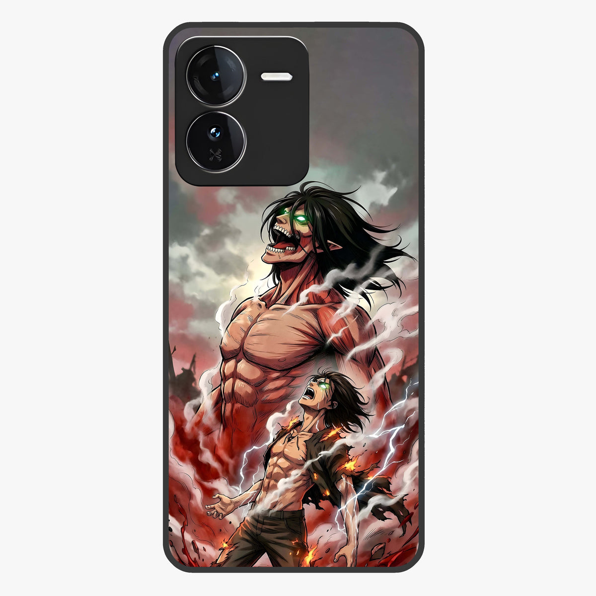 Titan Awakening Fury Glass Case showing flat back view with powerful titan inspired artwork and glossy glass finish.