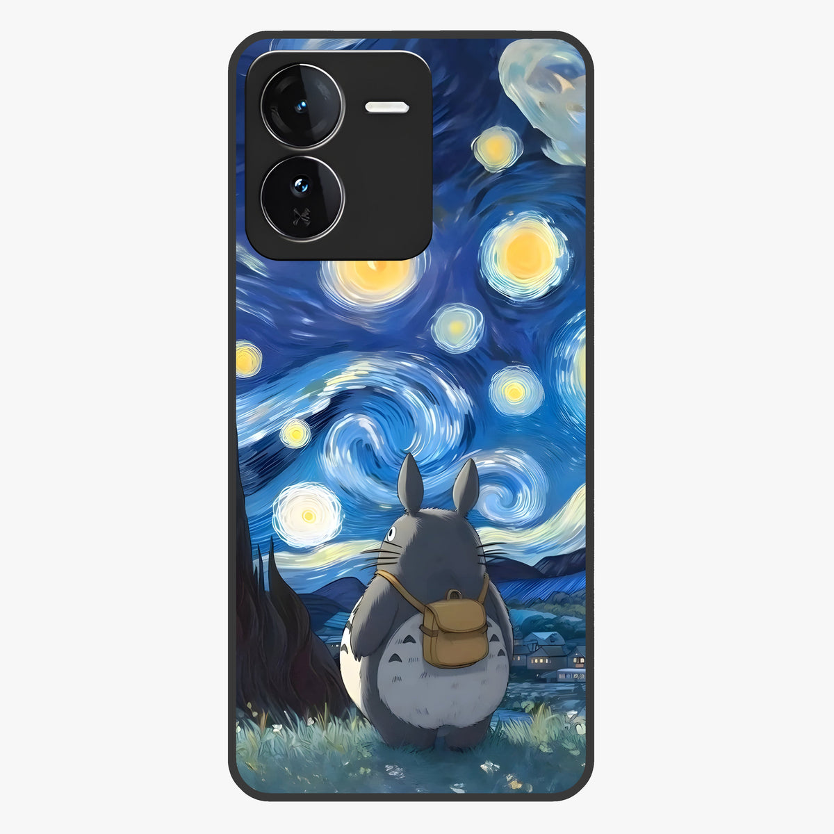 Totoro In Van Gogh Art Glass Case showing flat back view with whimsical character artwork inspired by Van Gogh style and glossy glass finish.