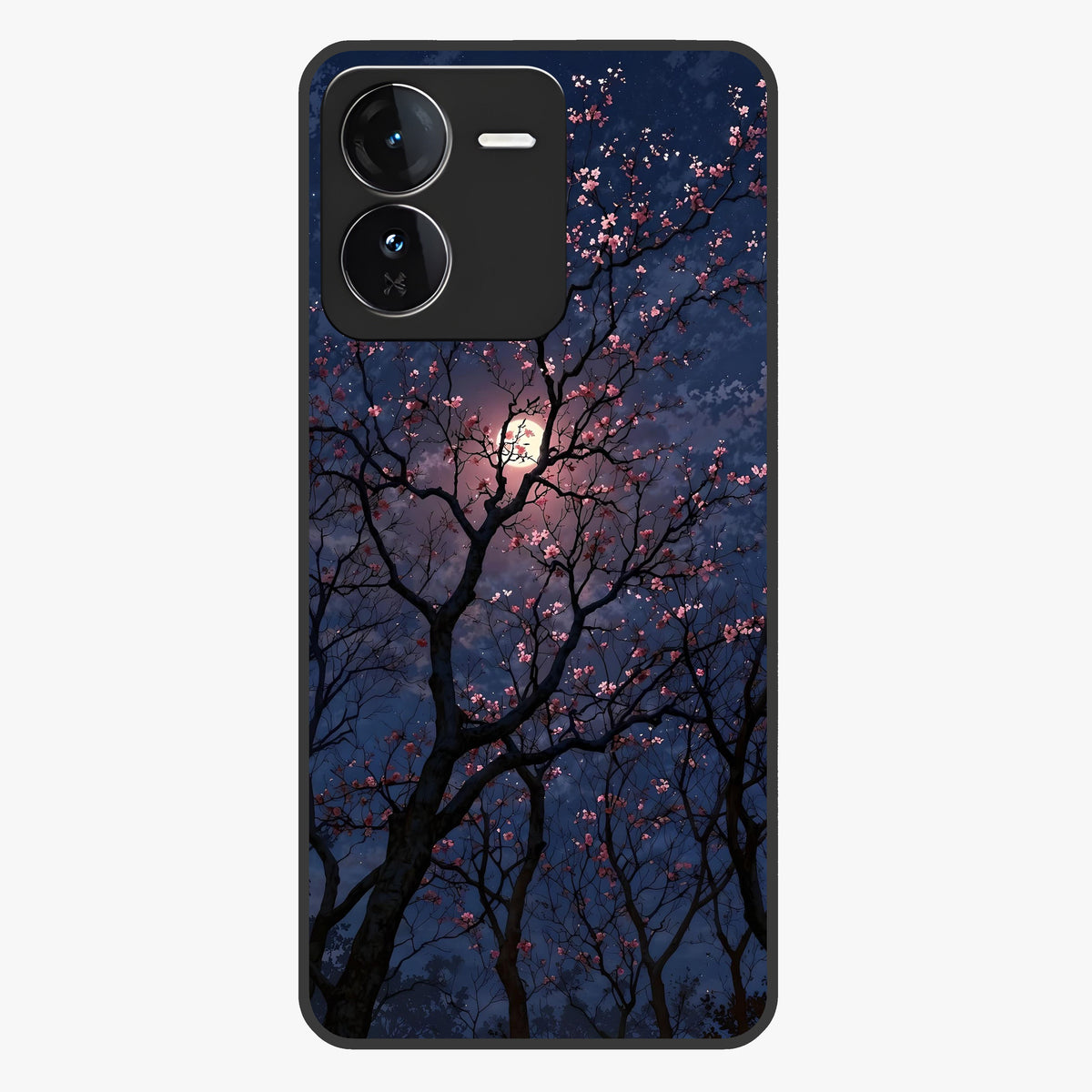 Twilight Sakura Serenade Glass Case showing flat back view with cherry blossom artwork at twilight and glossy glass finish.