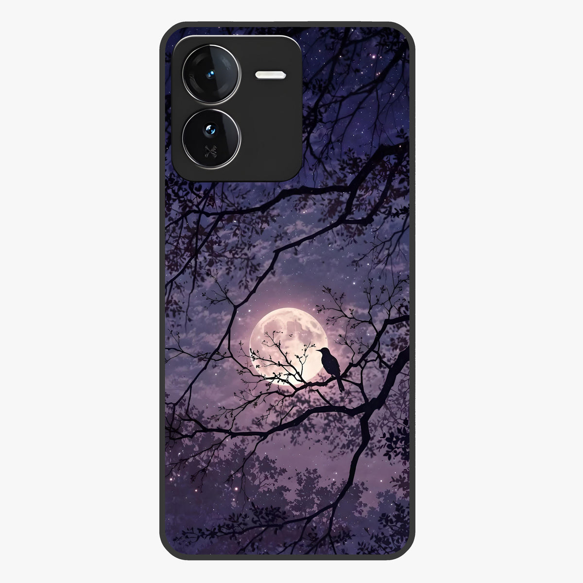 Whispering Moon Silence Glass Case showing flat back view with serene moon themed artwork and glossy glass finish.