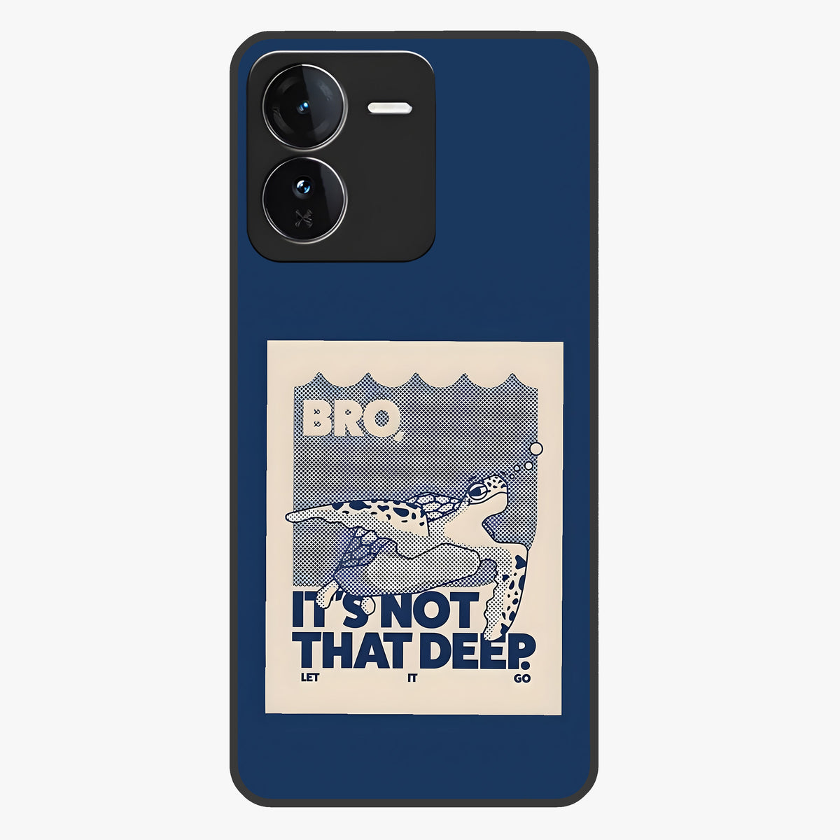 Worry Less Swim Glass Case showing flat back view with playful motivational artwork and glossy glass finish.
