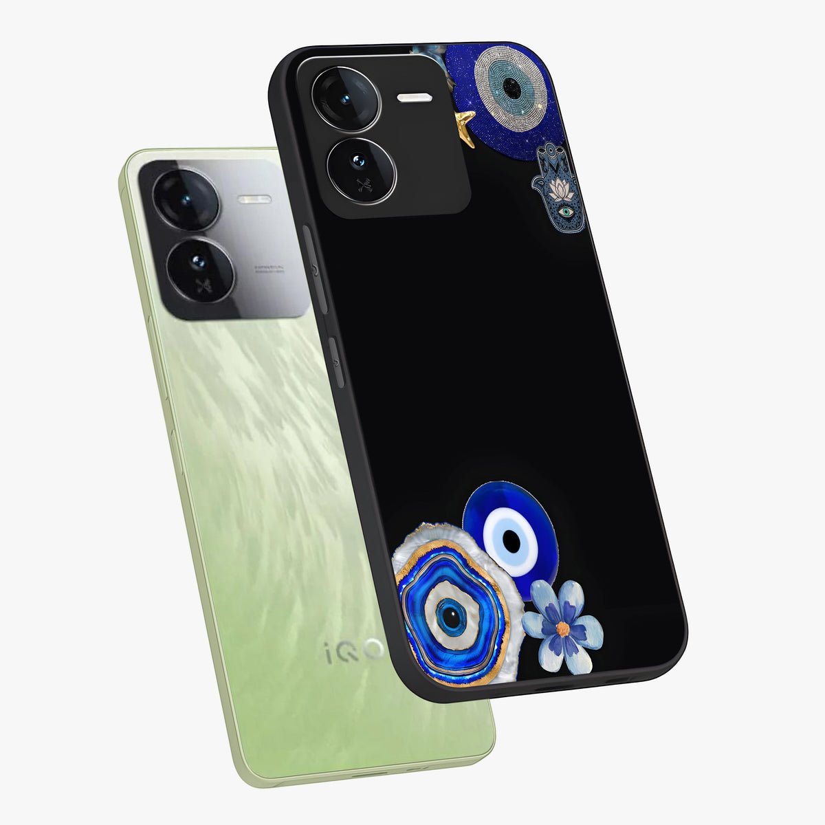 Aesthetic Blue Evil Eye Glass Case displayed in angled mockup highlighting blue evil eye symbol and spiritual aesthetic design.