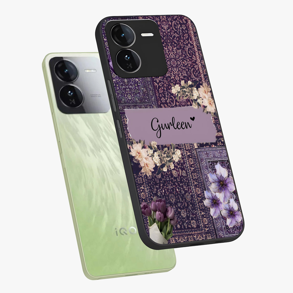 Antique Floral Whisper Custom Name Glass Case displayed in angled mockup highlighting elegant antique floral aesthetic.