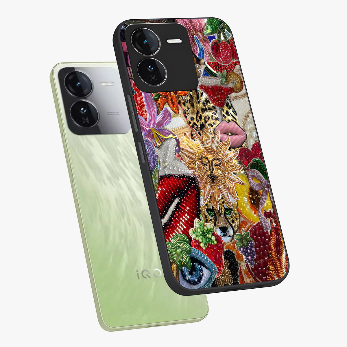 Beaded Fashion Jungle Glass Case displayed in angled mockup highlighting colorful fashion bead design and artistic pattern.