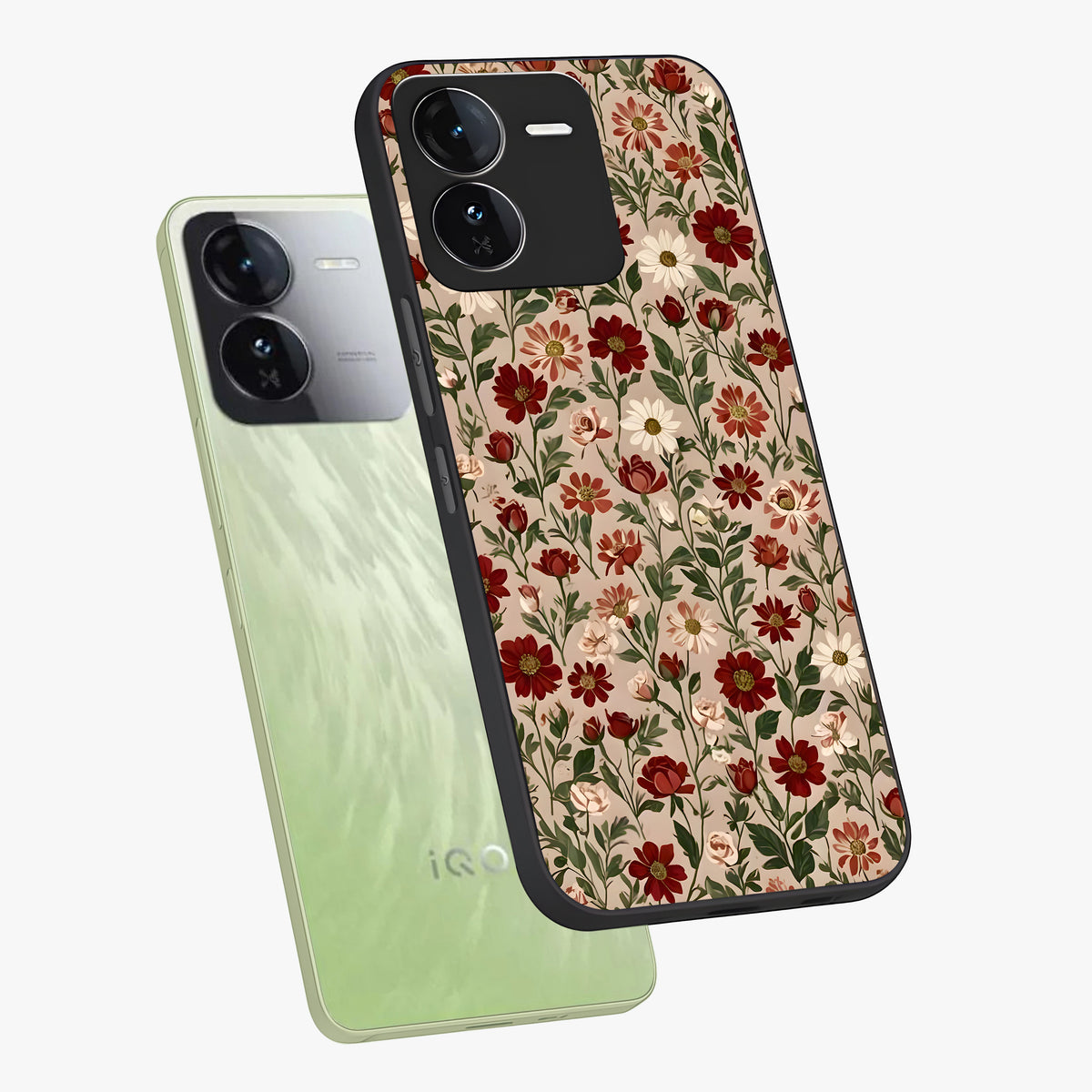 Biege Flower With Leaf Glass Case displayed in angled mockup highlighting minimal floral leaf design and elegant aesthetic.