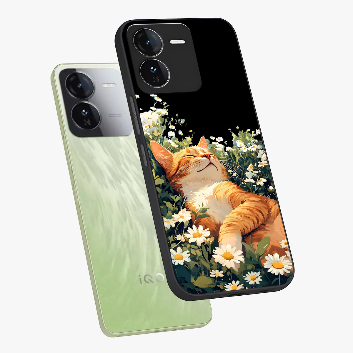 Blissful Bloom Cat Glass Case displayed in angled mockup highlighting playful feline illustration with soft floral aesthetic.