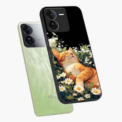 Blissful Bloom Cat Glass Case displayed in angled mockup highlighting playful feline illustration with soft floral aesthetic.