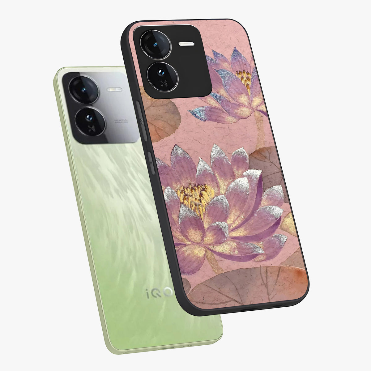 Blossom Mist Lotus Glass Case displayed in angled mockup highlighting delicate lotus illustration with calm aesthetic theme.