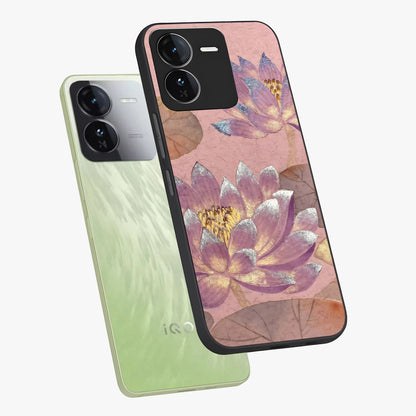 Blossom Mist Lotus Glass Case displayed in angled mockup highlighting delicate lotus illustration with calm aesthetic theme.