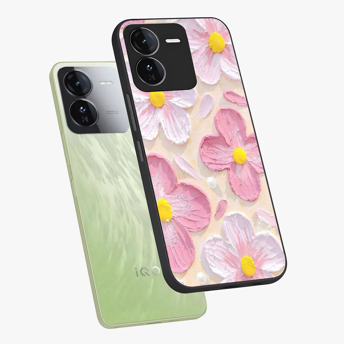 Blush Bloom Texture Glass Case displayed in angled mockup highlighting subtle bloom pattern with aesthetic pastel design.