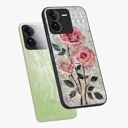 Blush Mosaic Bloom Glass Case displayed in angled mockup highlighting artistic mosaic flower pattern with aesthetic design.