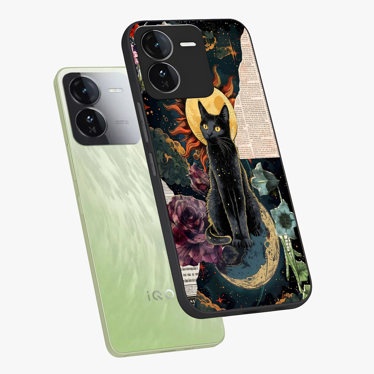 Celestial Black Cat Glass Case displayed in angled mockup highlighting cosmic black cat design with celestial aesthetic.