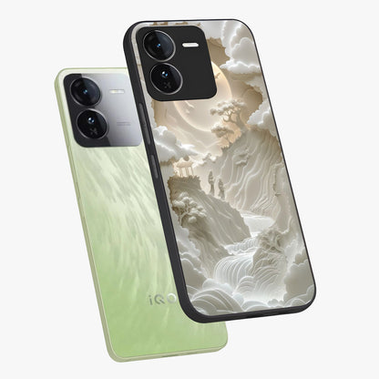 Celestial Origami Glass Case displayed in angled mockup highlighting geometric origami design with cosmic aesthetic theme.