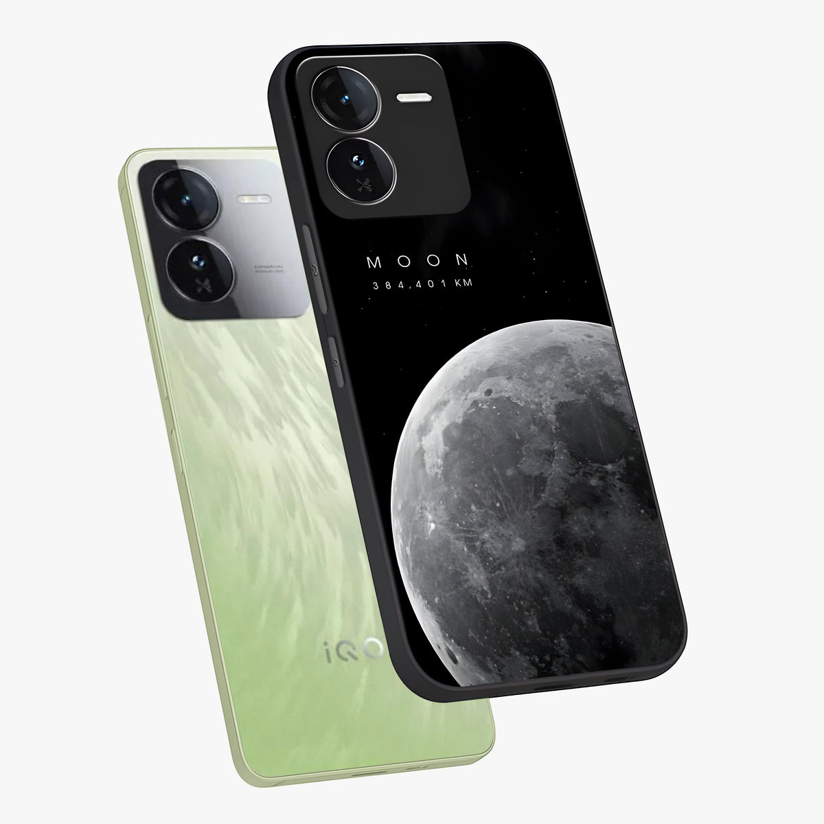 Cosmic Moon Glow Glass Case displayed in angled mockup highlighting celestial moon design with cosmic aesthetic theme.