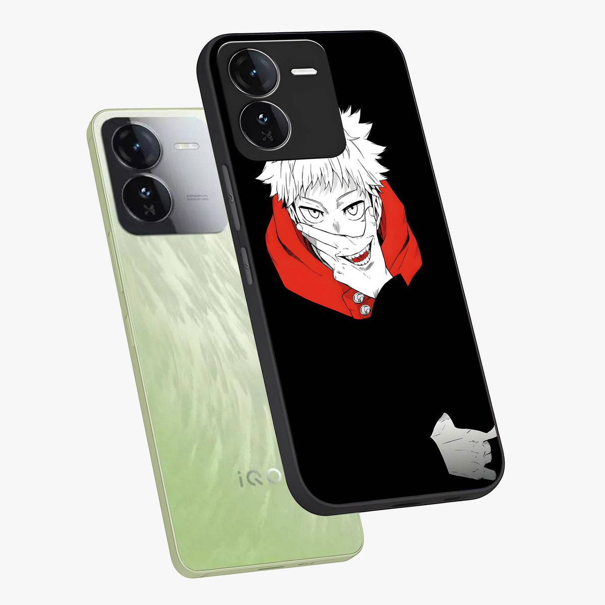 Crimson Chaos Smile Glass Case displayed in angled mockup highlighting edgy crimson smile design with graphic aesthetic.