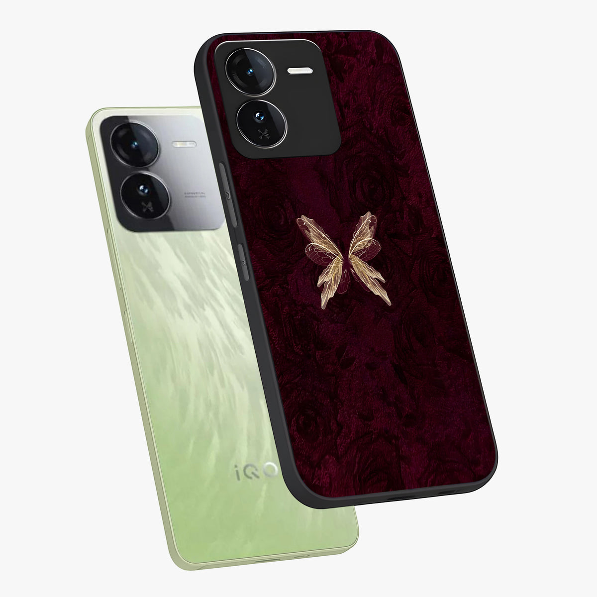 Crimson Fade Butterfly Glass Case displayed in angled mockup highlighting elegant butterfly design with crimson gradient aesthetic.