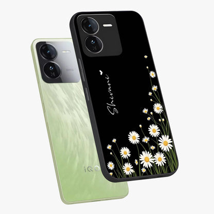 Daisy Cascade Custom Name Glass Case displayed in angled mockup highlighting delicate daisy artwork with custom name feature.